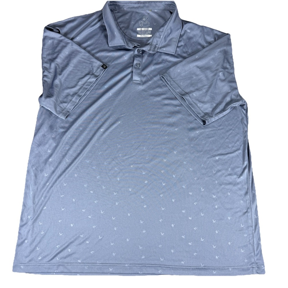 Swannies Polo Shirt Mens 3XL Blue Gray Allover Swan Print Performance Golf Tee